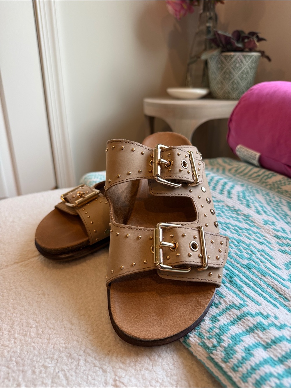 Vince Camuto Taupe Studded Double-Buckle Slide Sandals
